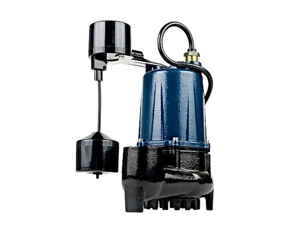 Blue submersible pump with black float switch and power cord on white background