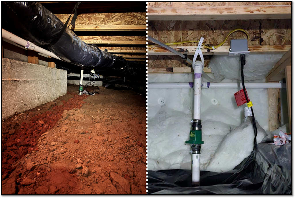 Crawlspace with exposed pipes and insulation, showing a damp dirt floor and plumbing repairs.