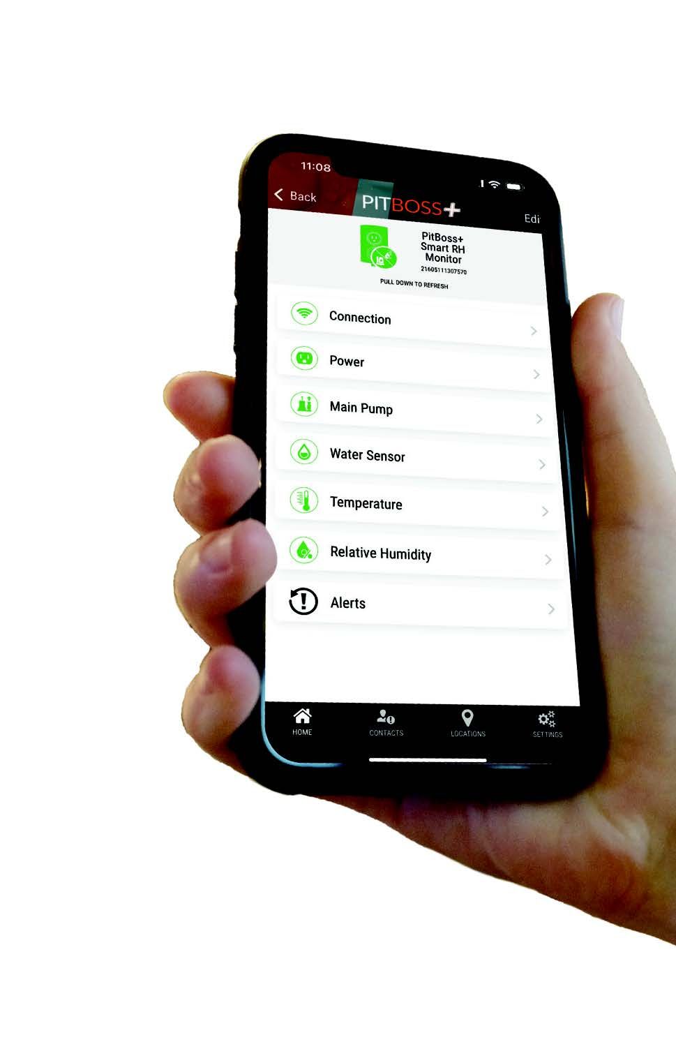 Hand holding a smartphone showing a messaging app contact list on a white screen