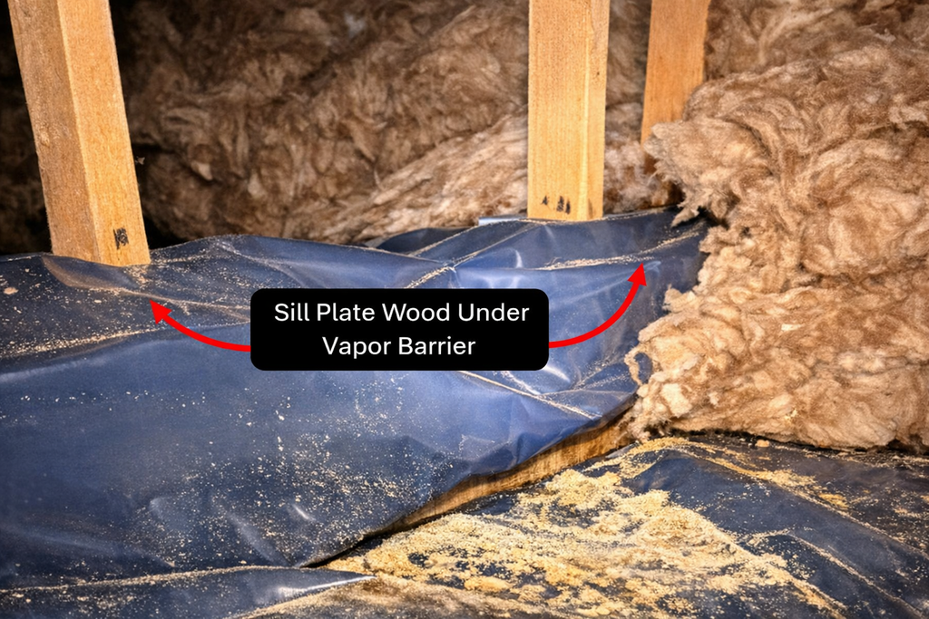 Wood flooring under vapor barrier in attic, with insulation and framing visible.