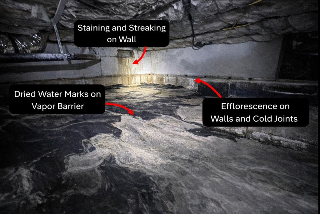 Dim tunnel wall with labels pointing to staining, dried water marks, and efflorescence on surfaces