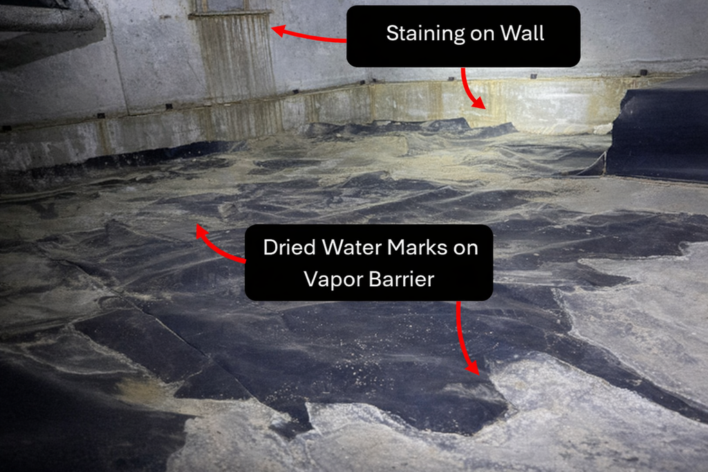 Basement wall and floor with water stains and moldy, dried water marks on vapor barrier