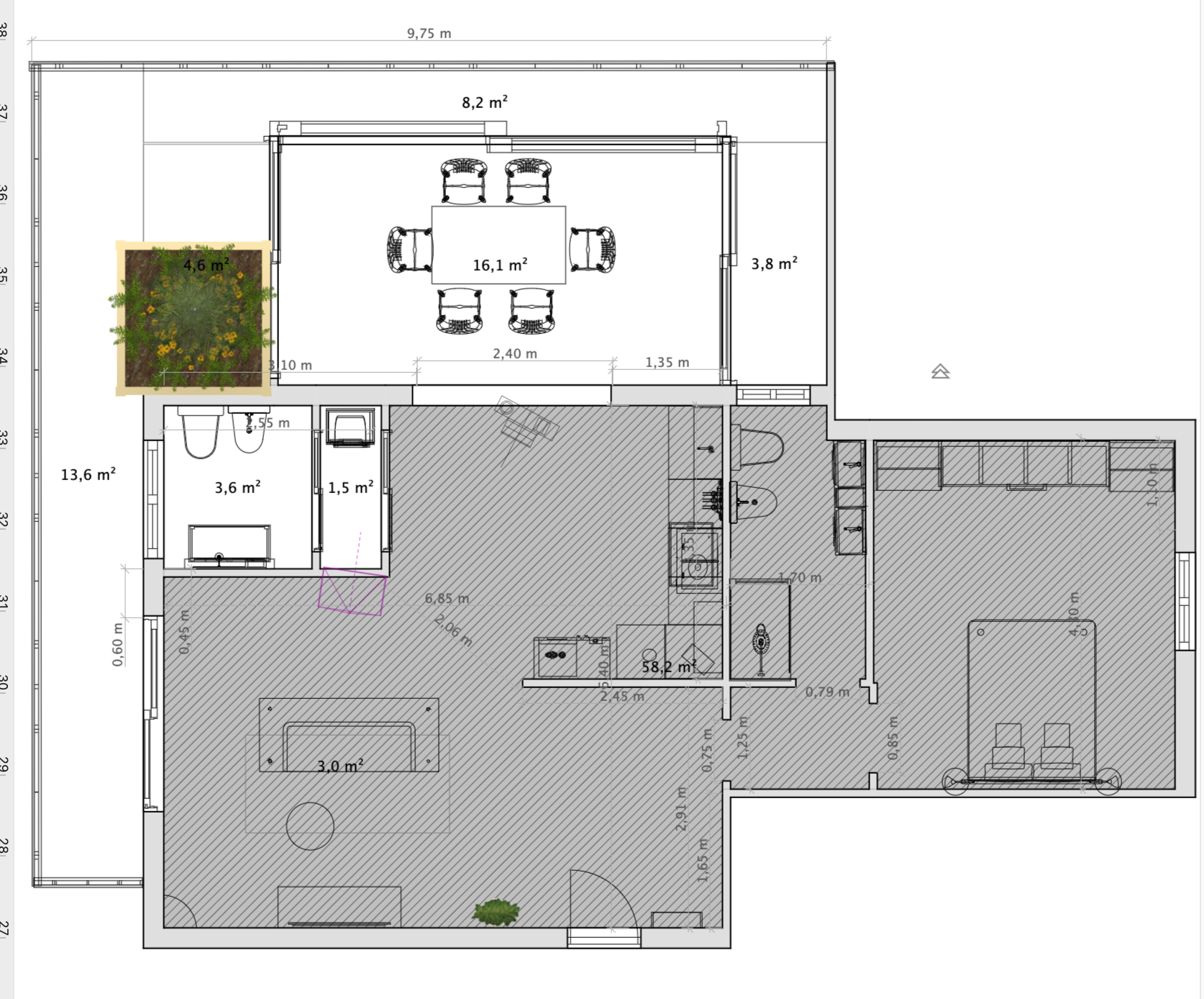 Planimetria architettonica di un edificio moderno con zona pranzo, cucina, bagno e spazio verde esterno.