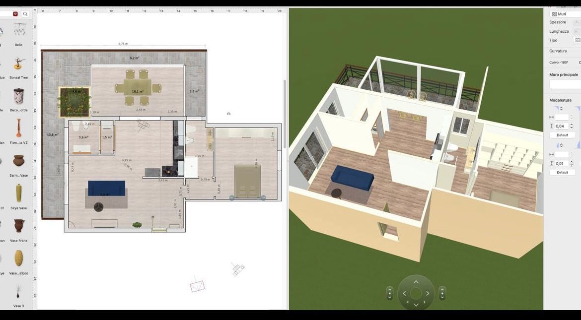 Planimetria e rendering 3D di una casa, che mostrano la disposizione degli interni e il design con i mobili.