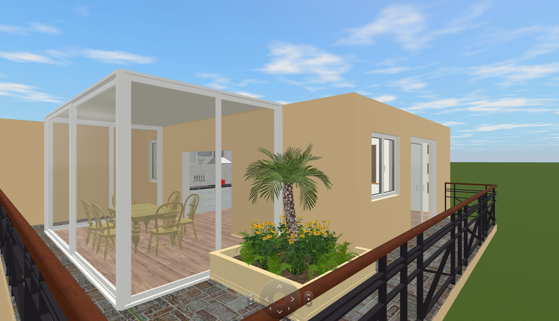 Rendering esterno di una terrazza moderna con una recinzione in vetro, un tavolo da pranzo, una palma e una ringhiera contro un cielo blu.