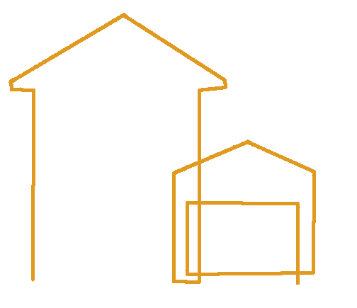 Disegno con linee arancioni di una casa alta e di un edificio più piccolo annesso, probabilmente un garage.
