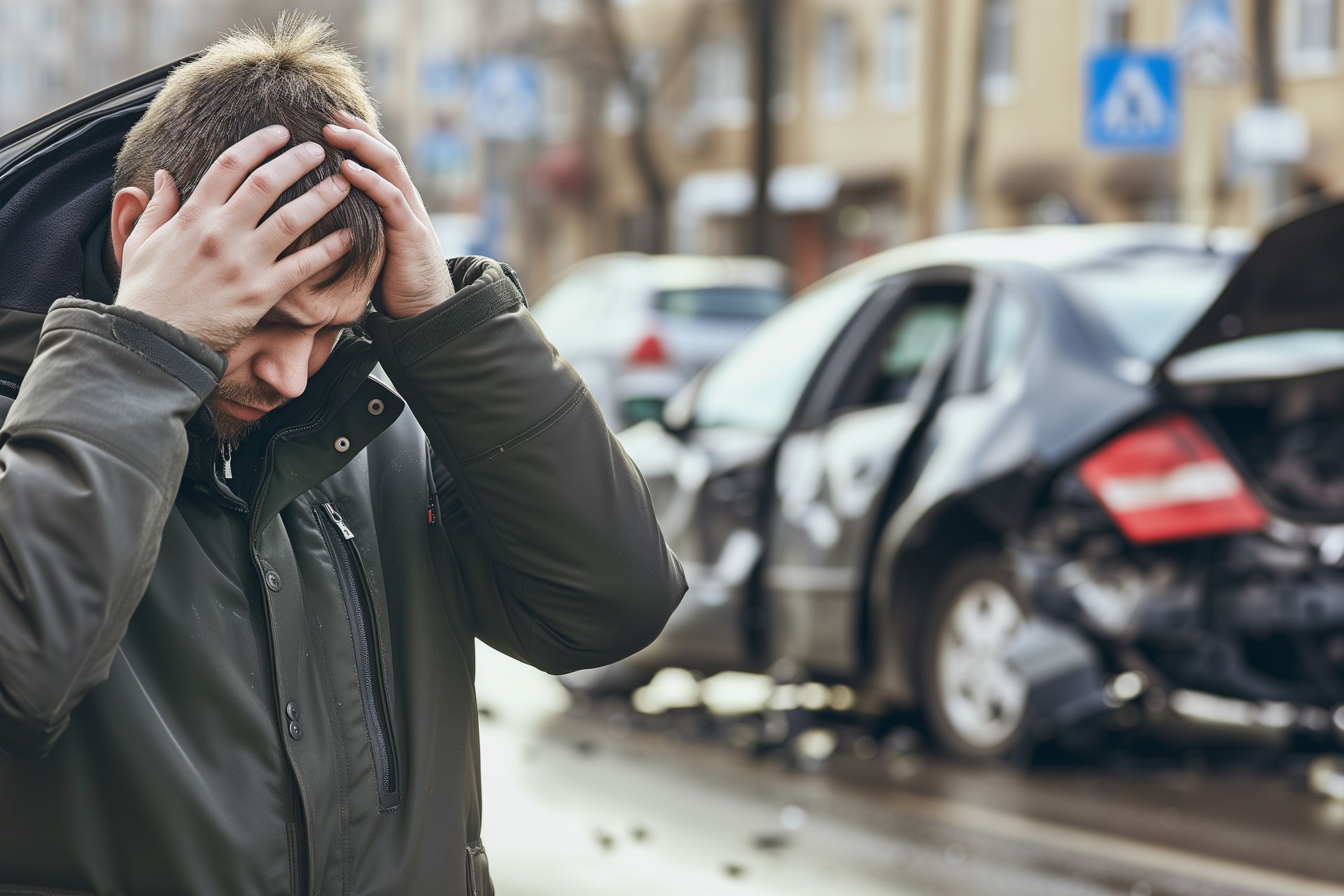 Man holding head, distraught, in front of a heavily damaged black car on a city street.