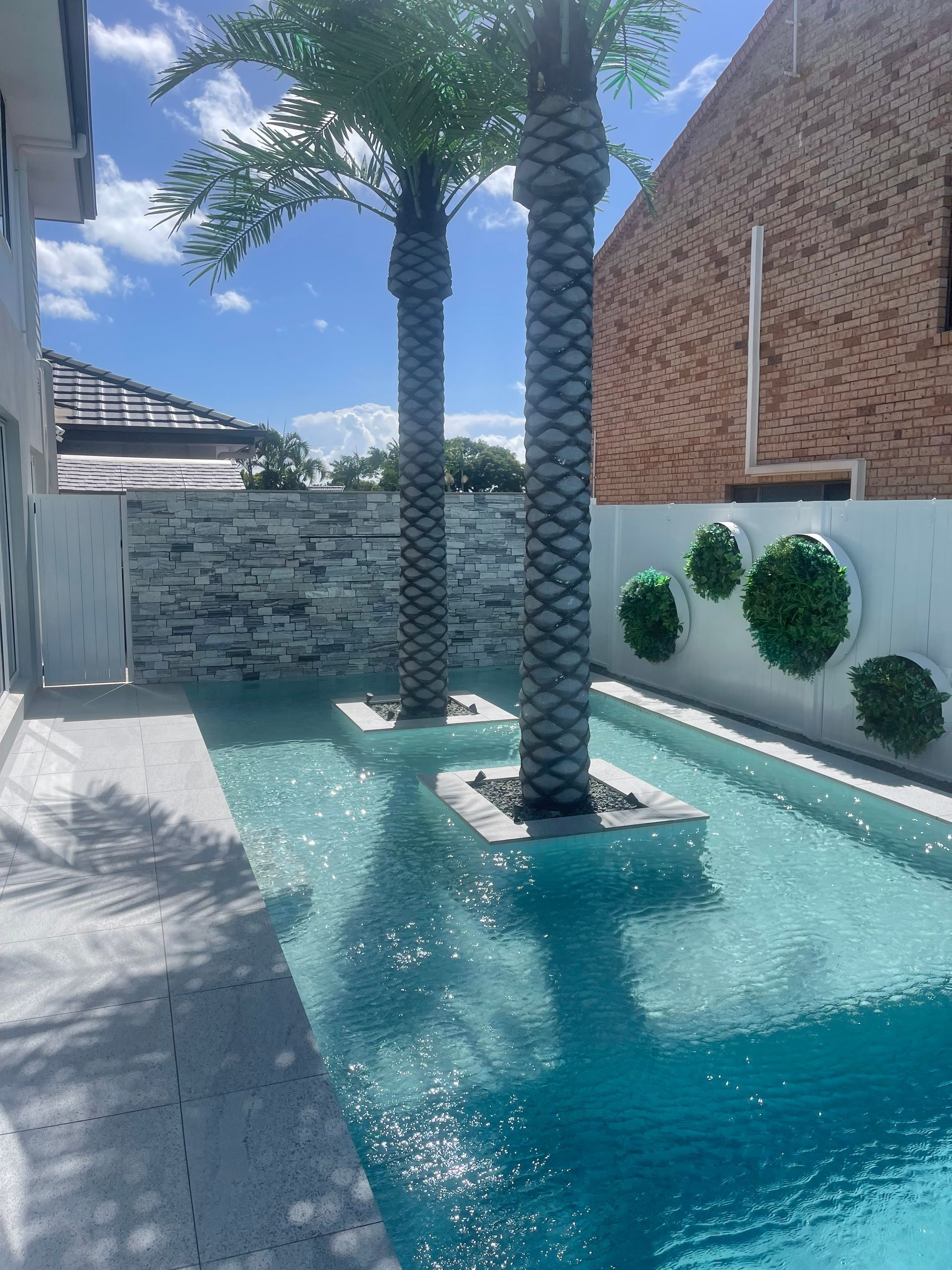 Modern backyard pool with palm trees, stone wall, and white planters in bright sunlight