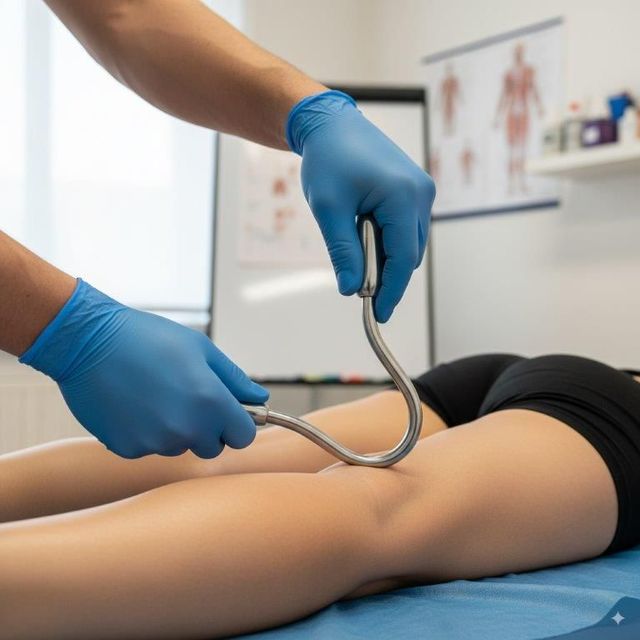 Mani in guanti blu che utilizzano uno strumento metallico uncinato sul ginocchio di una persona in un ambiente medico.