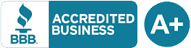 BBB Accredited Business badge with blue A+ rating icon