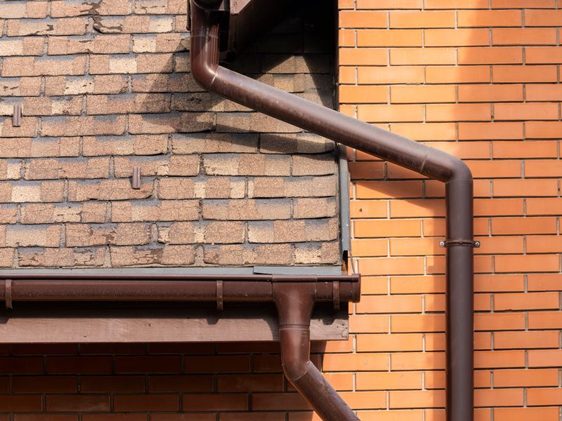 Brown metal drainpipes on a brick building wall, with an orange brick section beside it.