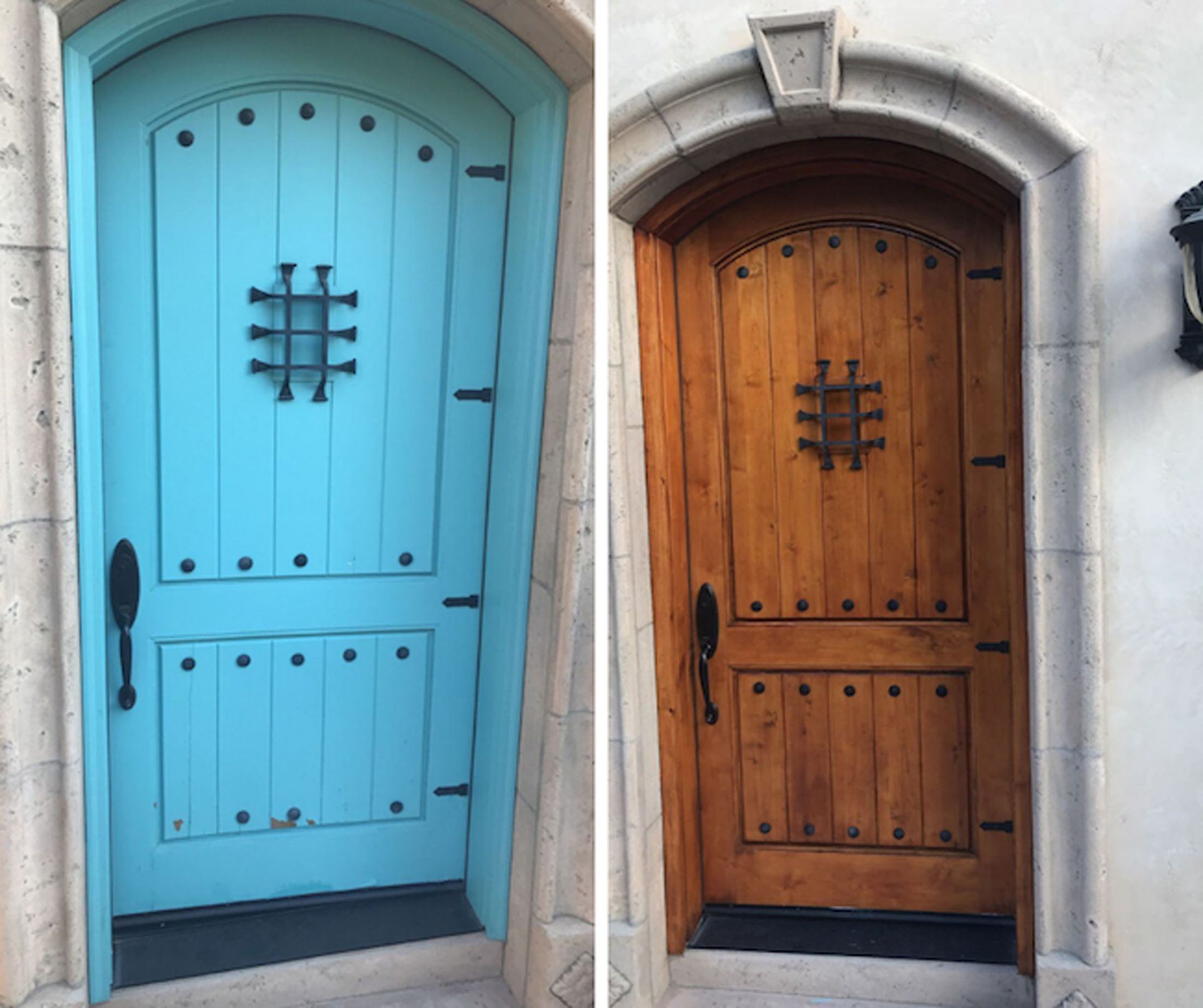 Two wooden doors, one blue, one brown, with iron accents, set in stone doorways.