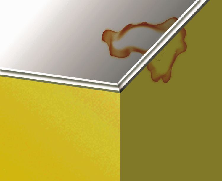 Ceiling and wall corner with brown water stain.