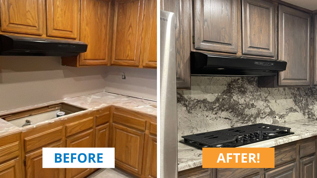 Kitchen before and after renovation: light cabinets replaced with dark gray ones, countertop change.
