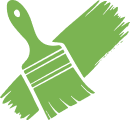 Green paintbrush creating a green paint stroke.