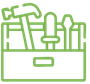 Green line art of a toolbox with a hammer, screwdriver, and other tools.