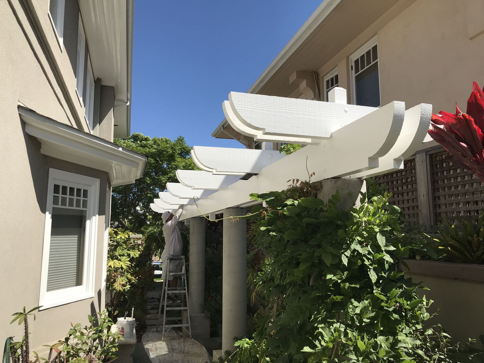 White pergola between two tan buildings with a ladder, blue sky and green foliage.