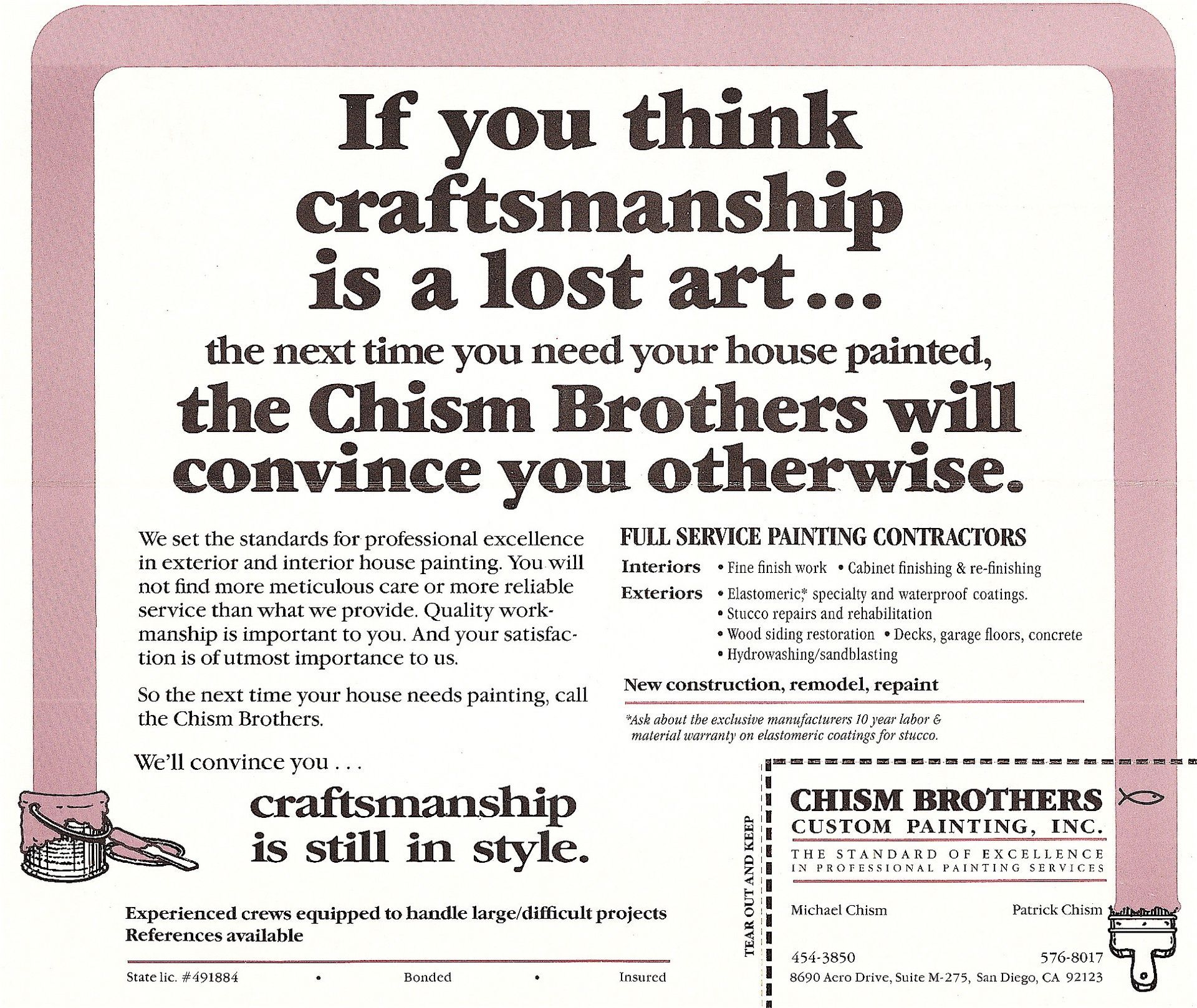 Advertisement: Chism Brothers painting, emphasizing craftsmanship. Text against a pink border.