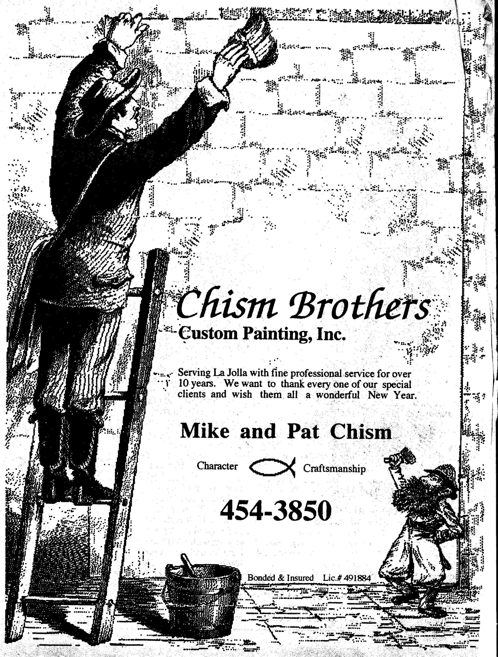 Advertisement for Chism Brothers Custom Painting Inc. with a man on a ladder painting a wall and text.