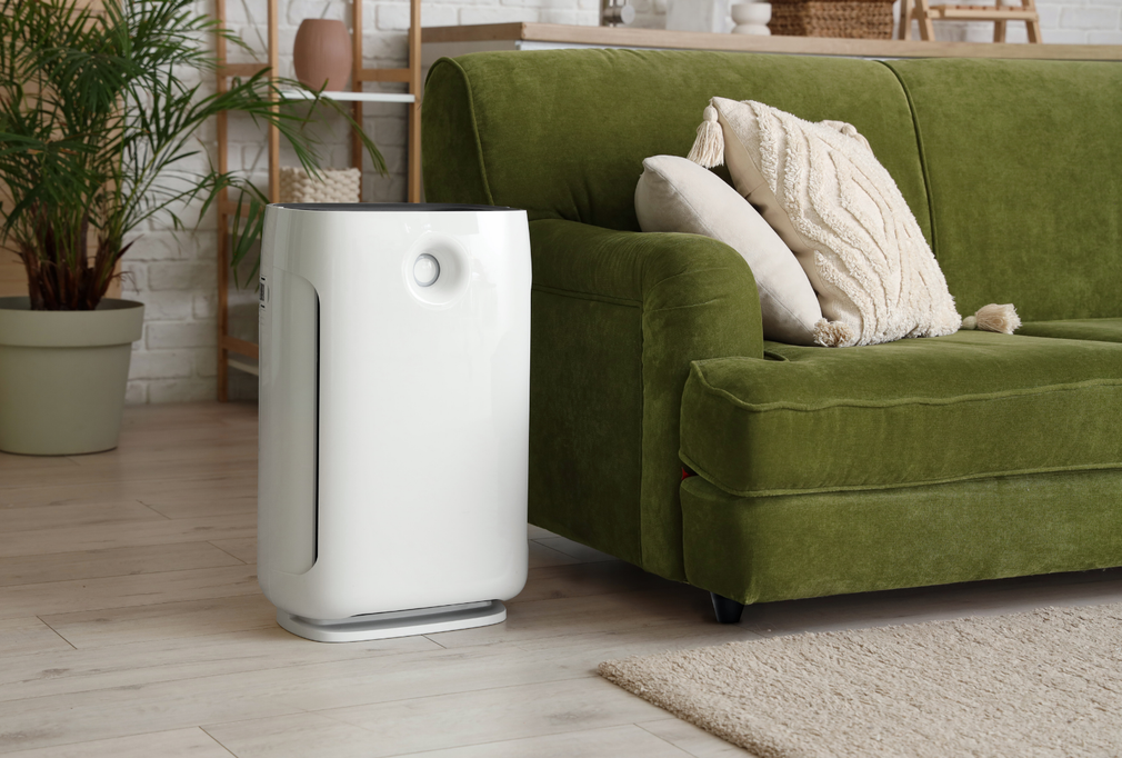 White air purifier beside a green sofa in a cozy living room