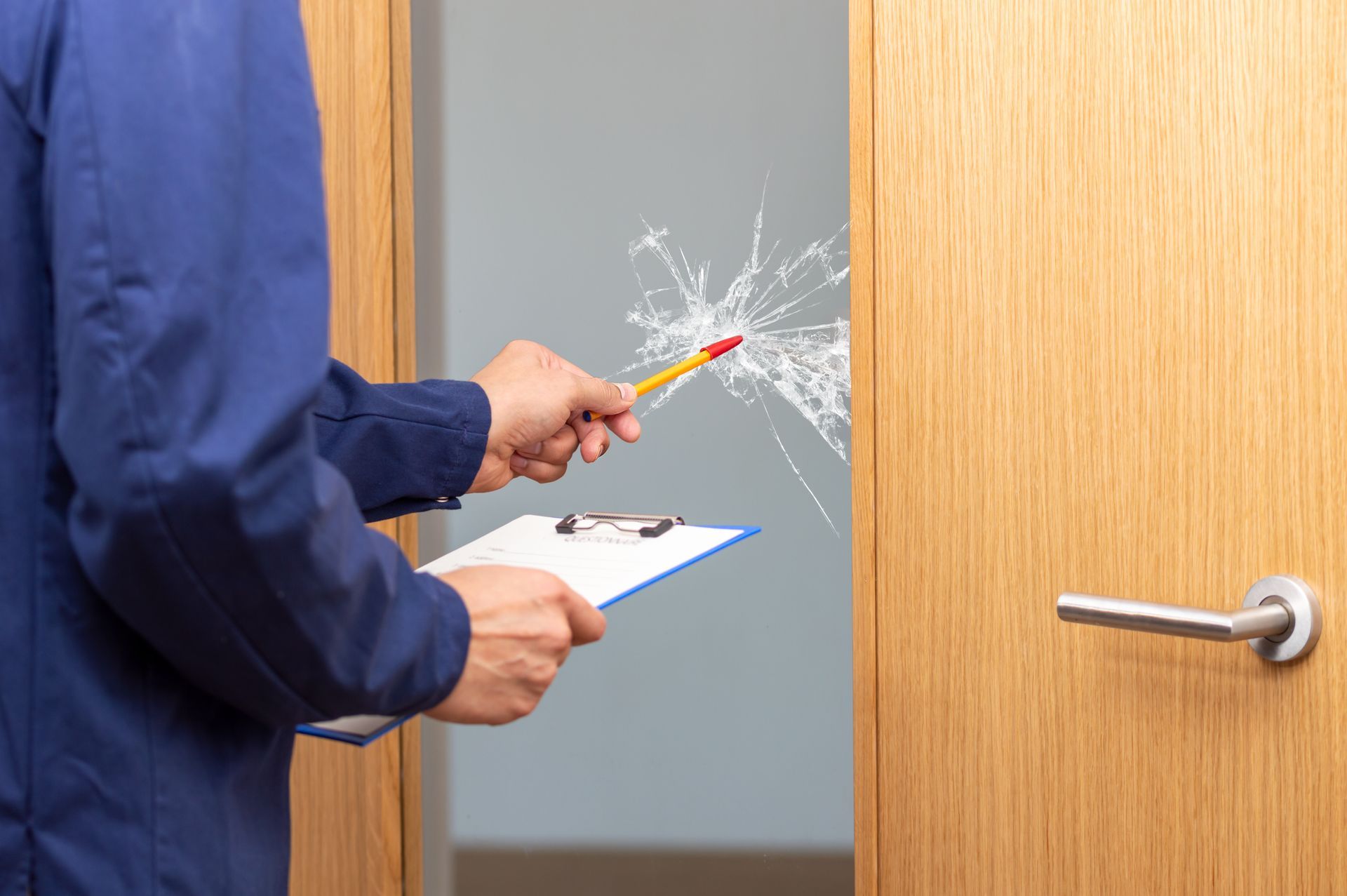 A man is inspecting a door with a broken glass .