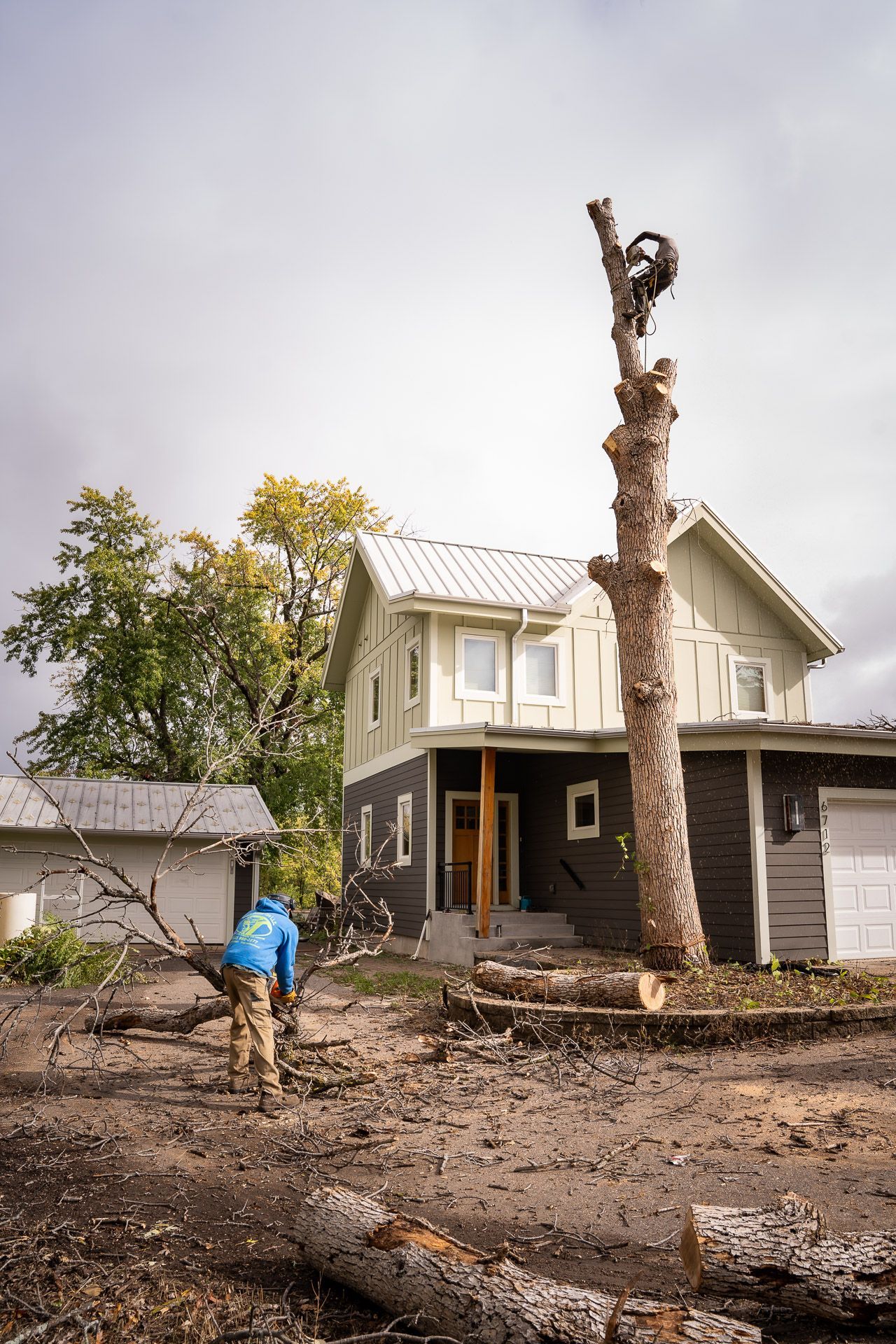 Worker clearing debris in a muddy yard beside a house and a tall trimmed tree stump