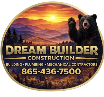 Dream Builder Construction logo with sunset mountains, waving bear, and phone number 865-436-7500