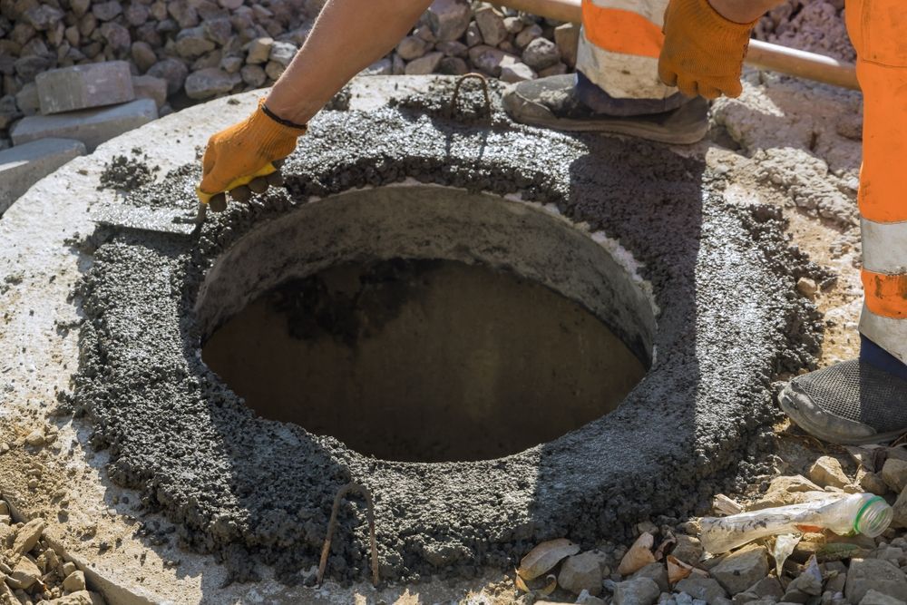 Workers pouring concrete around a circular manhole opening at a construction site