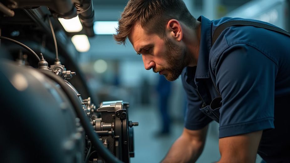 Mechanic examining engine in a workshop; blue shirt, focused expression.