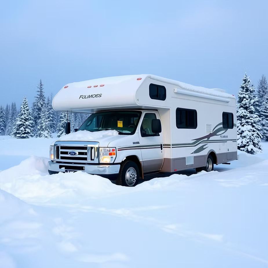RV parked in deep snow, snowy landscape, evergreen trees, winter setting.