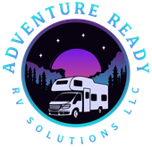 Logo: RV in front of purple sunset, mountains, stars, and "Adventure Ready RV Solutions LLC" in a circle.
