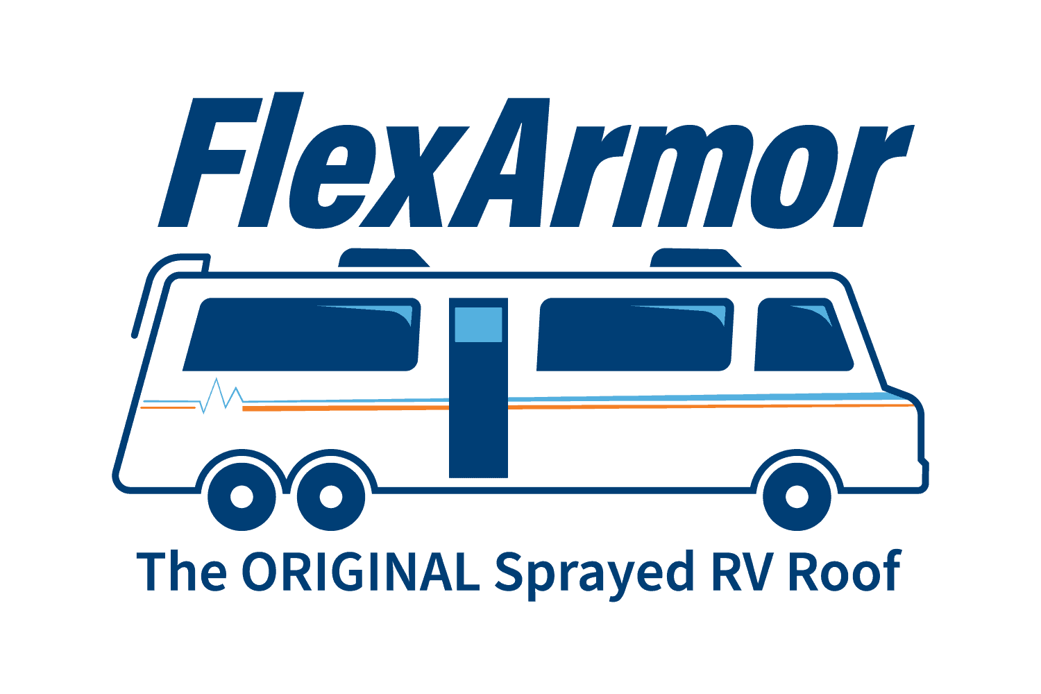 Logo for FlexArmor, an RV roof company. Shows a white RV with dark blue text and accents.