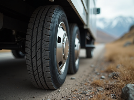 Close-up of a large vehicle's tires on a dirt road, mountains in the background.
