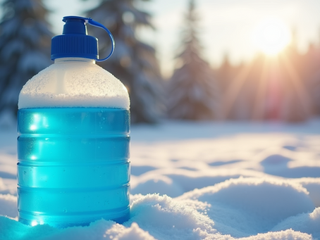 Blue water bottle in snow with a forest background and a bright sun.