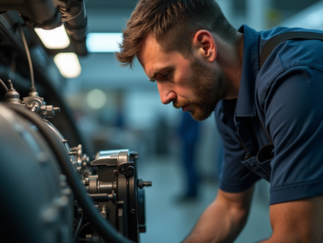 Mechanic in blue shirt examines engine in a workshop, focused expression.