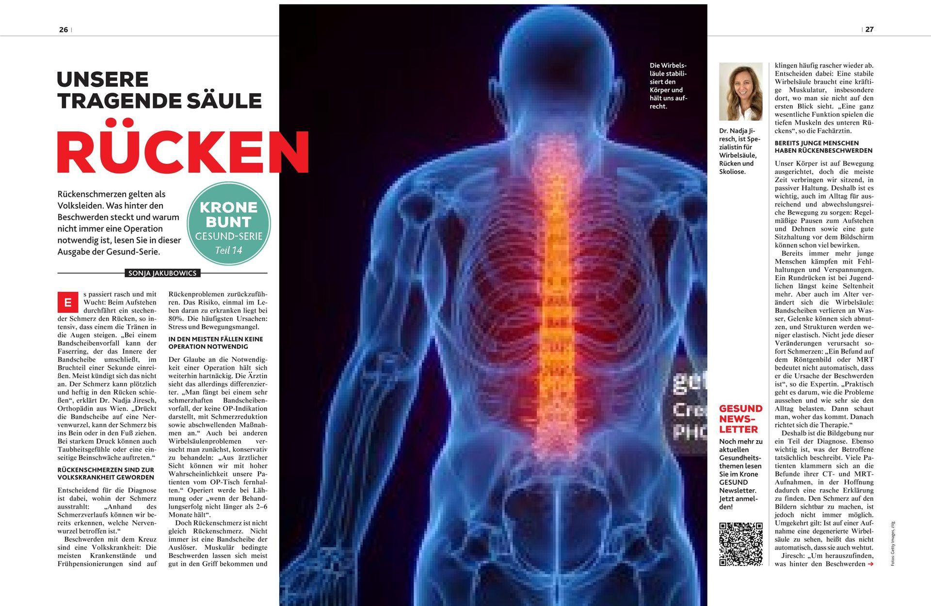 Dr. Nadja Jiresch im Krone Gesund Experteninterview zu  Rückenschmerzen, Bandscheiben und moderner Wirbelsäulenmedizin