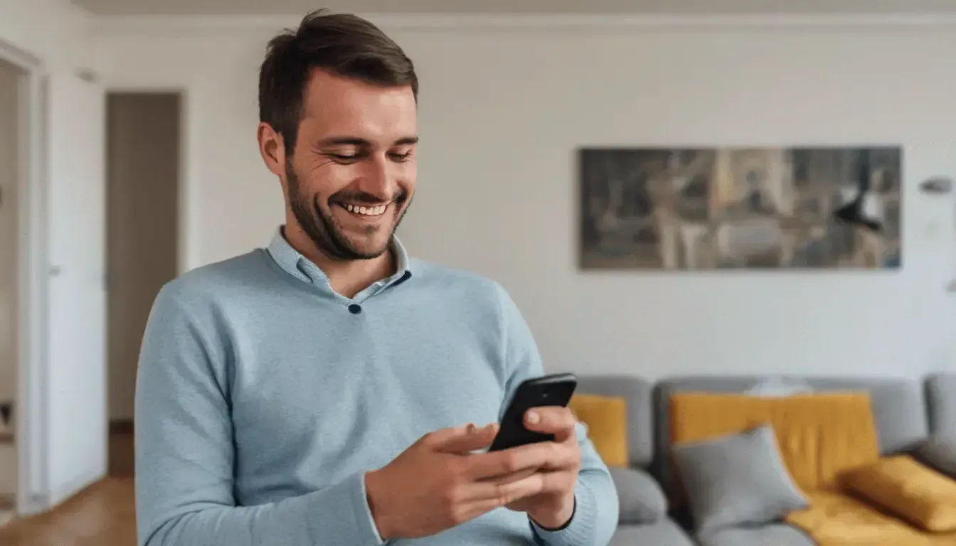 Junger Mann in seinem Wohnzimmer mit dem Handy
