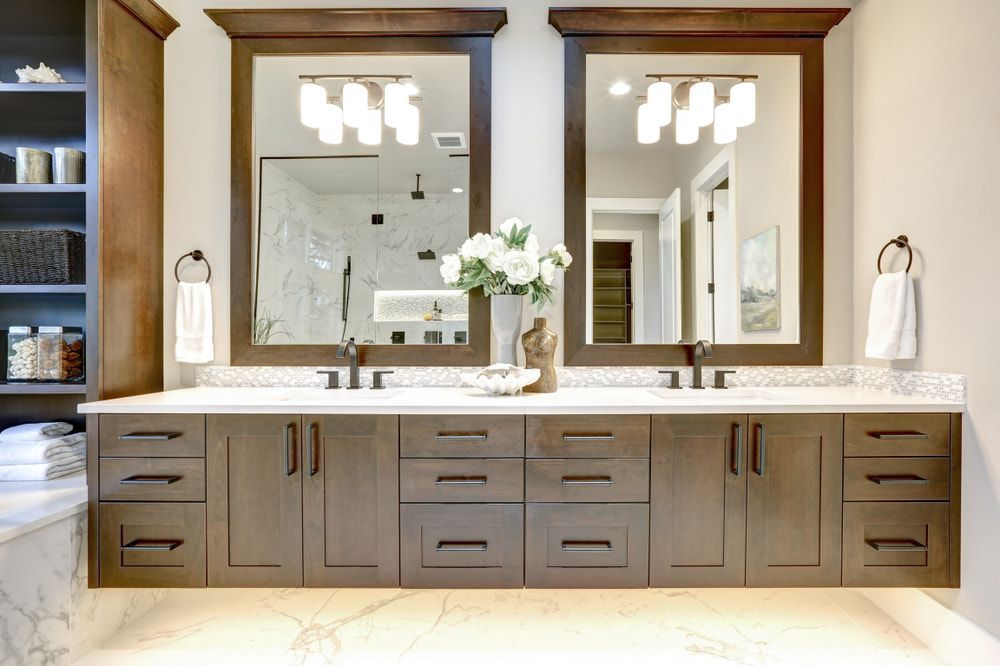 A Bathroom With two Sinks and Two Mirrors — Hunter Valley Tile Mart in Maitland, NSW