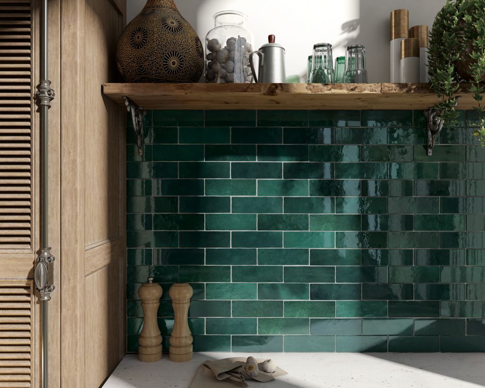 A Kitchen with Green Tiles and a Wooden Shelf — Hunter Valley Tile Mart in Rutherford, NSW