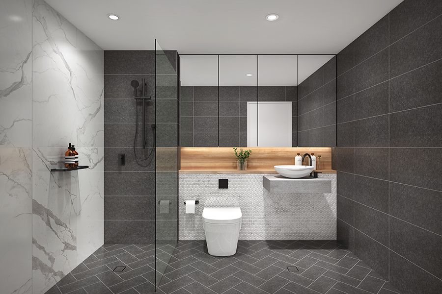 Luxury Bathroom With Black Floor Tile And White Marble Wall — Hunter Valley Tile Mart in Rutherford, NSW