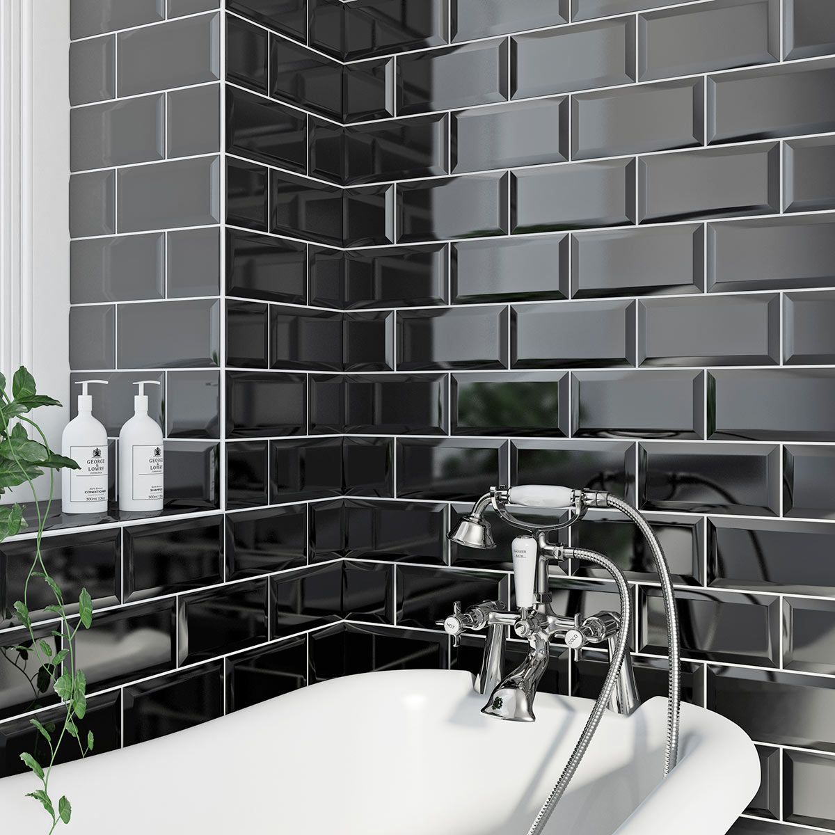 Polish Black Tile With Bathtub For Bathroom — Hunter Valley Tile Mart in Rutherford, NSW