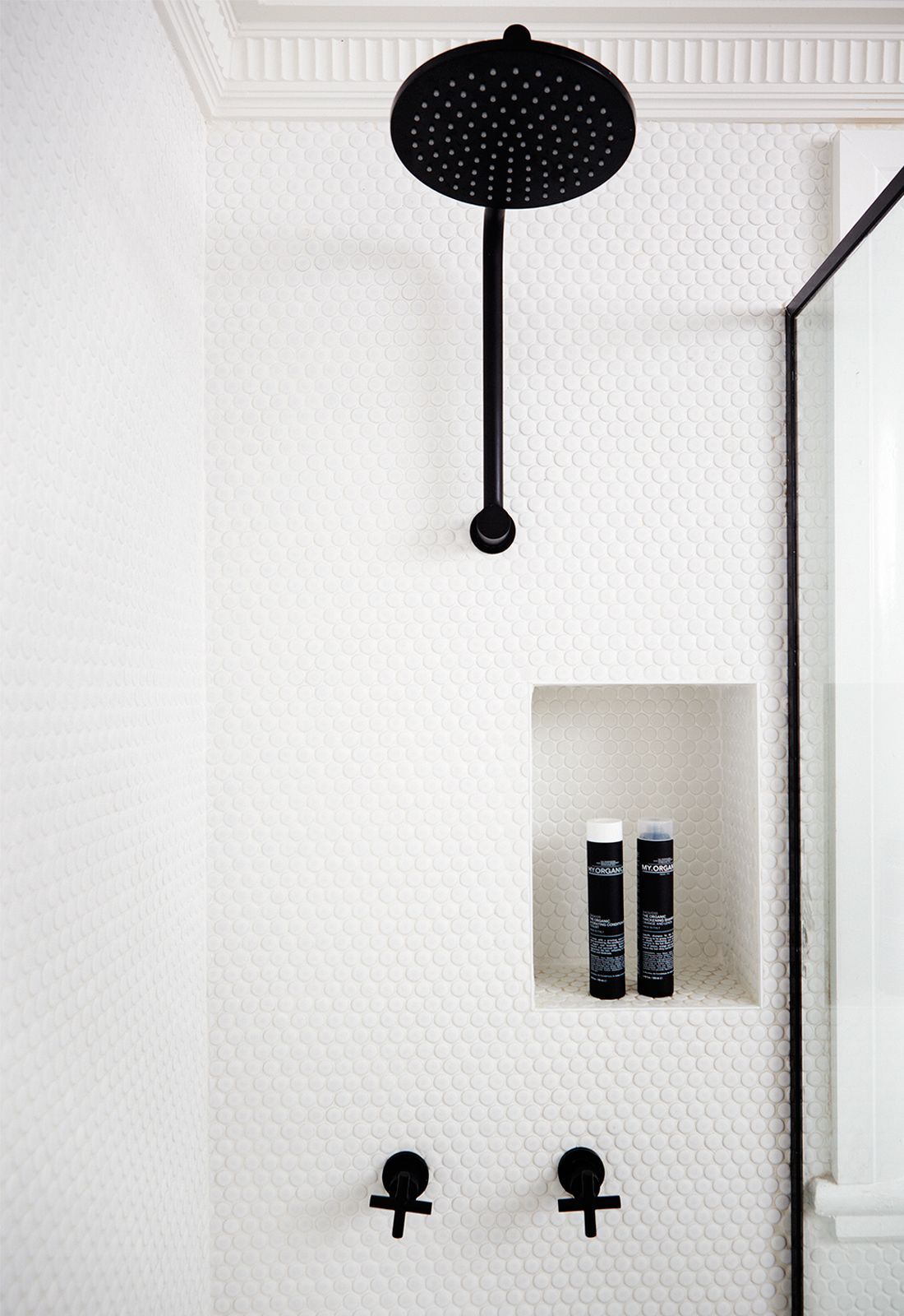 White Mosaic Tile With Black Shower — Hunter Valley Tile Mart in Rutherford, NSW
