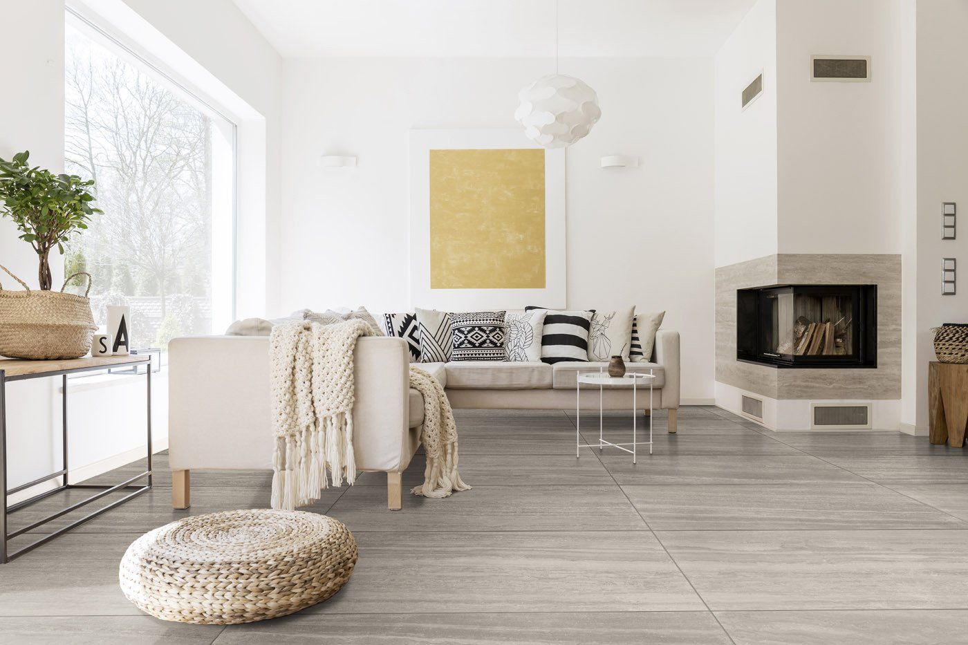 Interior Living Modern Classic Style With Large Grey Tiles — Hunter Valley Tile Mart in Rutherford, NSW