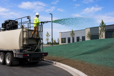 Worker spraying green material from a truck onto a hillside at a construction site
