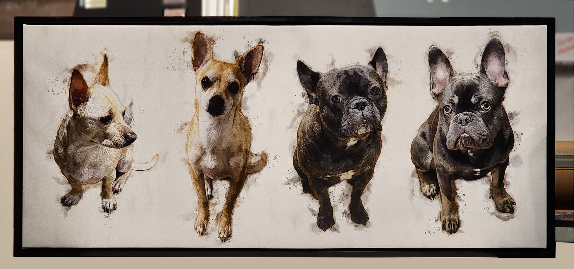 Four painted dogs running on a beige canvas, framed in black