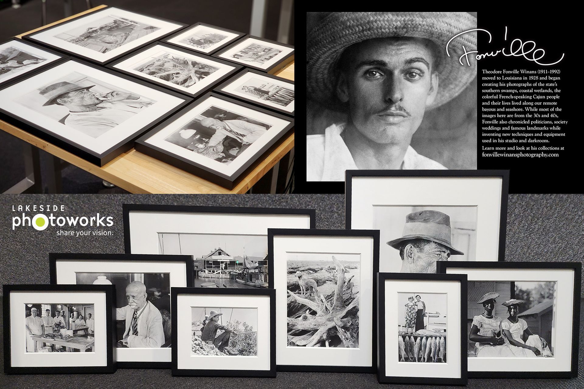 Framed black-and-white portraits and sketches arranged on a table and wall display in a gallery-style setting