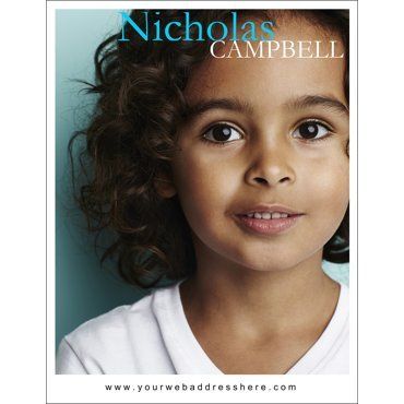Close-up portrait of a smiling child with curly hair, wearing a white shirt on a teal background, with “Nicholas Campbell” text.