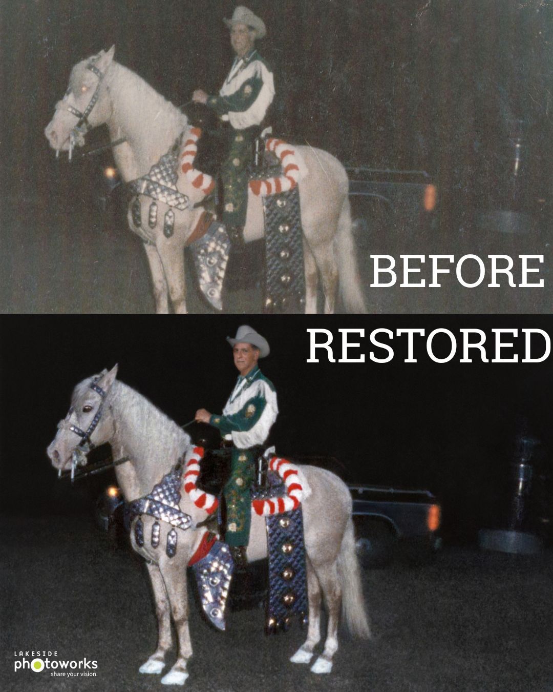 Before-and-after photo of a white horse figurine being restored, with a rider in green attire.