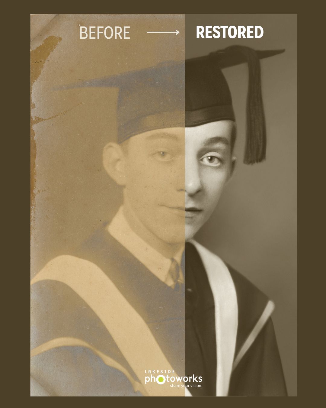 Split before-and-after portrait restoration of a sepia graduation photo with a cap and gown.