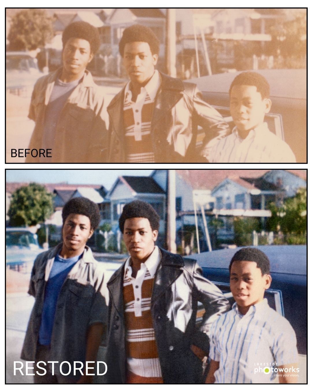 Before-and-after restoration of a vintage photo showing three people outdoors.